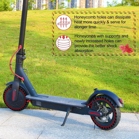 Electric scooter on grass with 2PCS 8.5x2 inches Solid Tires for Electric Scooter, honeycomb holes visible for heat dissipation.