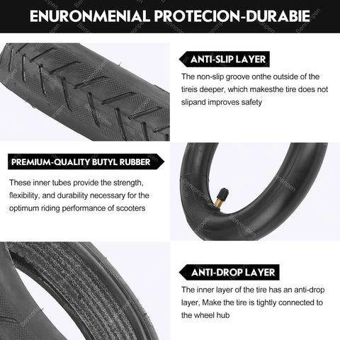 Close-up of 8.5 Inches Electric Scooter Tires 50/75-6.1 Compatible for Gotrax Gxl V2/ M365/Pro/1S, showing features of anti-slip and butyl rubber.