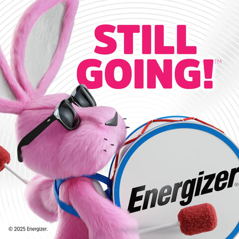 Cartoon pink bunny playing drum in sunglasses with 'Still Going!' text in background
