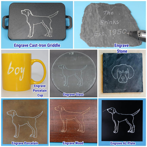Carbide burr engraving: dog on cast-iron griddle, stone, porcelain mug, glass, slate, wood, and aluminum plate.