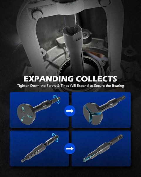 Blind Hole Collet Bearing Race and Seal Puller Extractor Kit demonstrating expanding collects mechanism, slide hammer pilot insert.