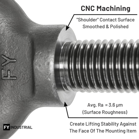 Close-up of a 3/8-16 x 1-1/4 inch lifting eyebolt's CNC machined thread and shoulder, showing surface finish details.