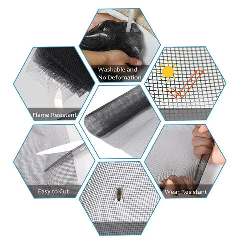 Features of Fiberglass Window Screen And Door Replacement Mesh 48 X 118 Inches, showing washable, flame resistant, and easy to cut qualities.