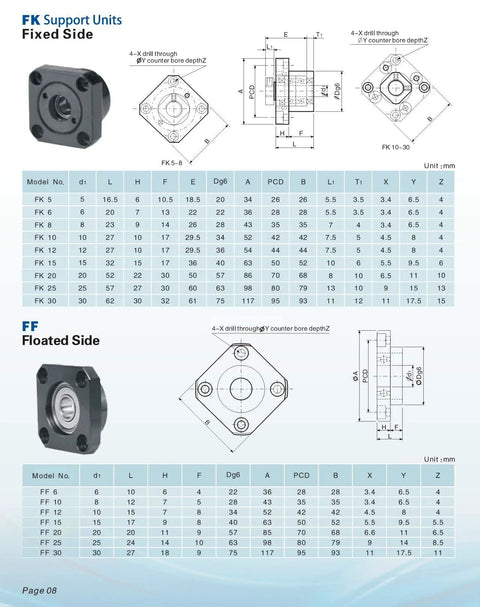 Diagram of FK support units and FF floated side specifications for SFU1605 Ball Screw CNC Kit 16mm Diameter 5mm Lead 650mm Length