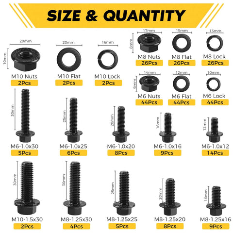 Size chart for Homwin 286Pcs Flange Metric Bolt Assortment, M6-1.0, M8-1.25, M10-1.5 Kit, showing bolt and nut quantities.