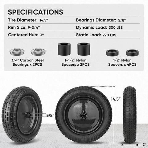 Specifications and dimensions of 4.80/4.00-8 Flat Free Wheelbarrow Tire and Wheel, 14.5 inch polyurethane wheel with steel rim