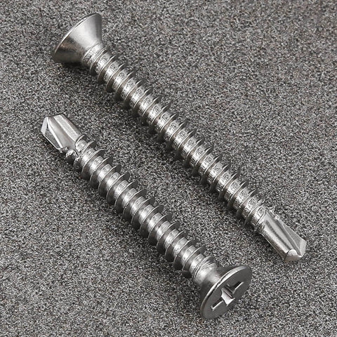 Close-up of 300pcs #8 x 1 Inch Flat Head Self Tapping Sheet Metal Screws Stainless Steel High Strength Quick Self Drilling with deep threads.
