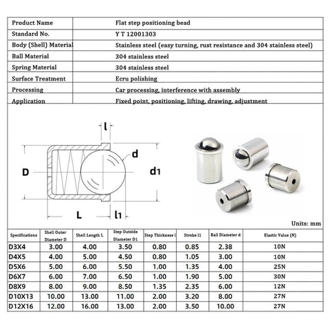 4x5mm Ball Plunger Set, 304 Stainless Steel Spring Loaded Ball Detent Plungers, 6N Elasticity, 30pcs, technical specifications and diagram