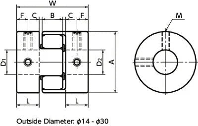 Technical drawing of NBK Japan MJC-14-GR 3/16" inch to 5mm Jaw-type Flexible Coupling with measurements and dimensions.