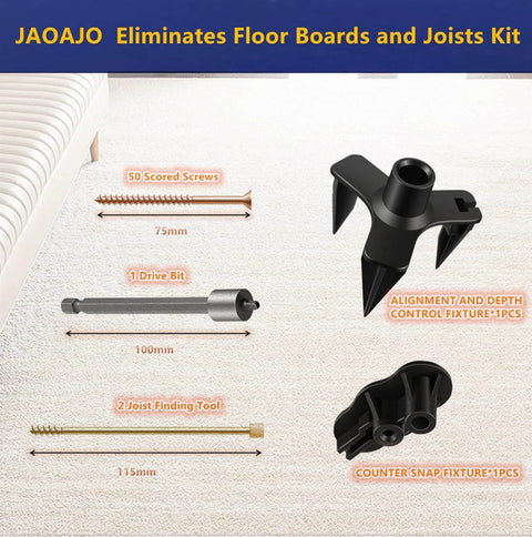 Eliminate Squeaky Noise Floor Repair Kit with 5 Tools and 50 Screws for Wood Floors, shown with alignment fixture and scored screws.