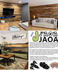 Living room with wooden walls and Eliminate Squeaky Noise Floor Repair Kit ad featuring 5 tools and 50 screws for wood floors.