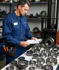 Technician inspecting forklift mast bearings, including forklift mast bearing 9444701500 perfect fit replacement, in an industrial workspace.
