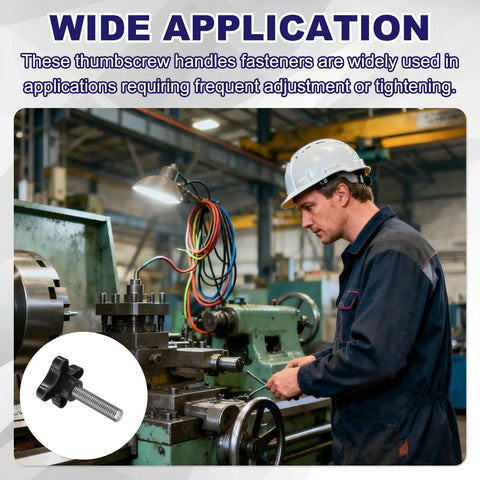 Worker adjusting machine with Four Point Knobs With Half Inch Thirteen UNC Threads And Two Point Zero Nine Inch Threaded Stud Star Clamping Knobs