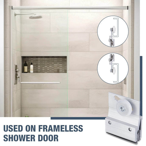 4 Pcs M 6145 Frameless Shower Door Roller Top Bracket Assembly with 3/4 in round plastic wheel installed on glass door