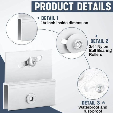 Product details of 2 pcs M 6054 frameless shower door rollers top bracket assembly with 3/4 inch round plastic wheel.