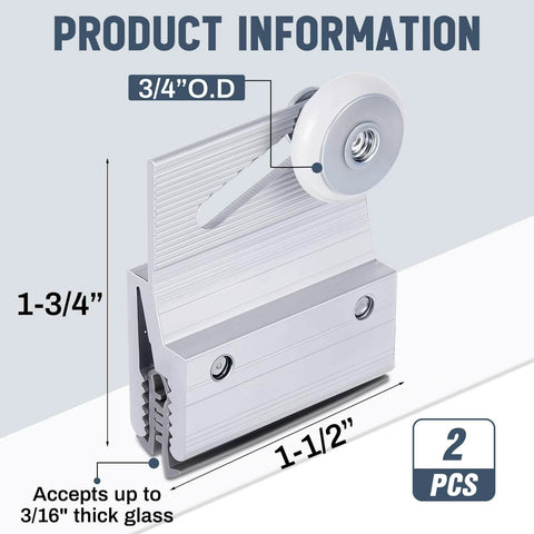 2 Pcs M 6145 Frameless Shower Door Roller Top Bracket Assembly with 3/4 in round plastic wheel, dimensions and details shown