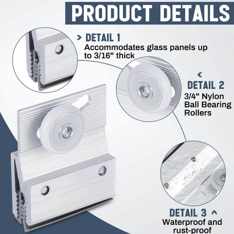 2 Pcs M 6145 Frameless Shower Door Roller Top Bracket Assembly with 3/4 in round plastic wheel, shown in product details