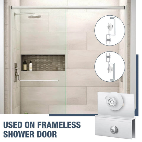 2 pcs M 6054 frameless shower door rollers top bracket assembly with 3/4 inch round wheel in chrome, installed view