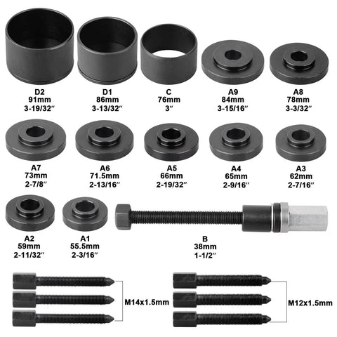 Components of 19pcs Front Wheel Drive Bearing Removal Installation Service Tool Kit FWD Bearing Install Master Set, labeled with sizes.