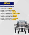 Image showing compatibility list for 513296 Front Wheel Hub and Bearing Assembly 2 Pack for Nissan and Infiniti, 5 Lug Front Position.