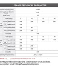 Technical parameters for FSK40J model with position accuracy ±0.02mm, showing stepper and servo motor specifications.