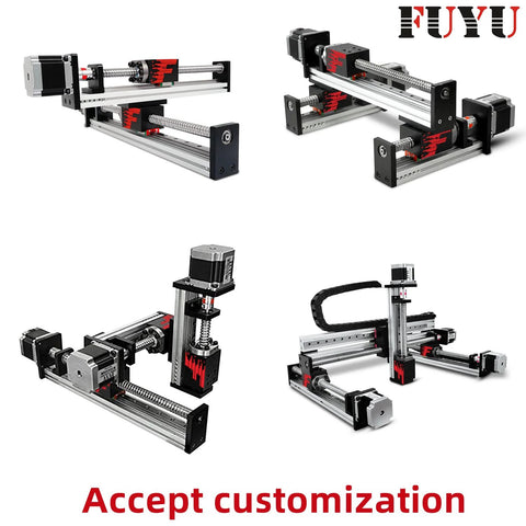 FSL40 Linear Guide Ball Screw Stage for CNC Motion showing 900mm aluminum rail with Nema 23 motor and G1610 ballscrew.