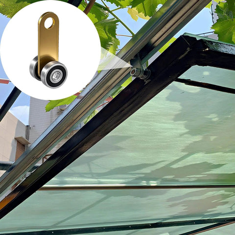 2 Wheel Trolley Assembly Rollers for 1-5/8 Inch & Taller Strut Channel, installed on a green ceiling structure, showing galvanized steel wheels.