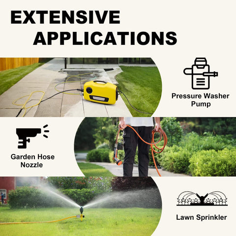 Stainless Steel Garden Hose Quick Connect Fittings With Quick Release For Easy Hose Attachments And Swapping Sprayers, Three Quarter Inch GHT Universal Connector in use with pressure washer, garden hose nozzle, and lawn sprinkler.