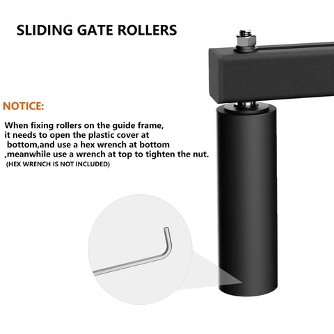 Illustration of a Sliding Gate Roller installation guide with hex wrench, part of the Adjustable Sliding Gate Guide Roller 6 Inch Dual Hard Nylon Rollers with Heavy Duty Steel Bracket Rust Proof Design for Smooth Quiet Sliding Gates Fences Barn Doors and Garages.