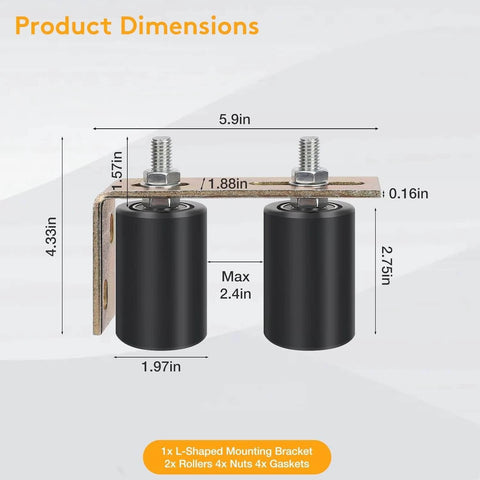 Product dimensions of 2 Pack Gate Roller Guide, Sliding Gate Hardware with L-Sliding Gate Brackets, showing measurements and components.