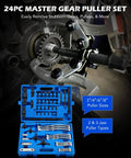 Gear Puller Set, 3" 4" 6" 8" Bearing Puller Kit, 24pc 2 Jaw & 3 Jaw Gear Puller in use on machinery with storage case