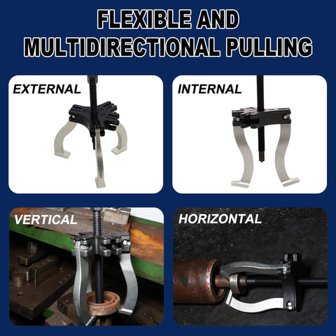 Flexible multidirectional pulling with Gear Puller Set, 3" and 7" Puller Kit, demonstrating external, internal, vertical, and horizontal use.