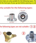 Compatibility guide for Go Kart Tires and Wheels, highlighting suitable and unsuitable hub types with measurements for fitment.