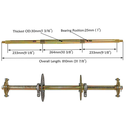 Diagram showing dimensions of 1" Steel Live Axle with 18x9.5-8 Tubeless Wheels Tires Rim and Chain Sprocket Brake Master Cylinder