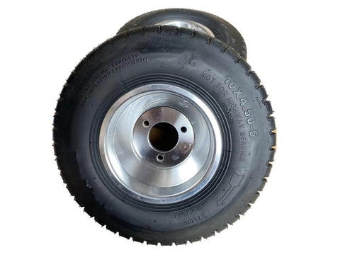 10''X4.5-5'' GO KART FRONT TIRES AND RIMS WITH 3 HOLES, grain surface, close-up view