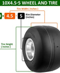 Diagram of Go Kart Tires and Wheels, Front Wheel 10x4.5-5", showing tire dimensions and slick design with aluminum rim.