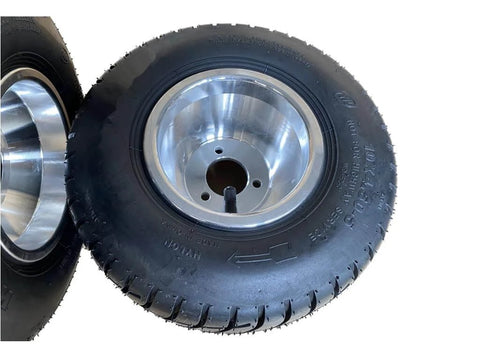 10''X4.5-5'' GO KART FRONT TIRES AND RIMS WITH 3 HOLES,2 PCS IN BOX,TIRES WITH GRAIN SURFACE for increased friction and safety.