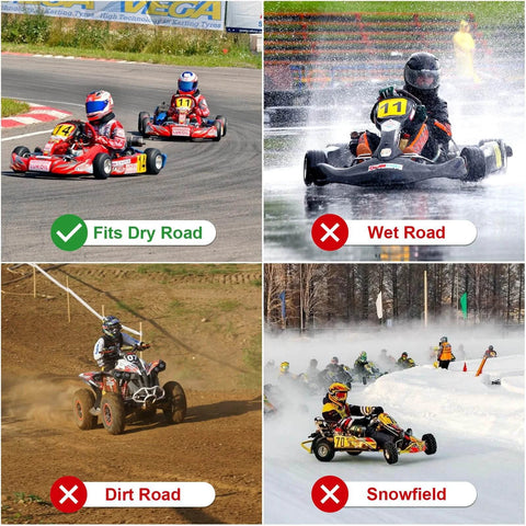 Go karts on dry track and wet conditions, ATV on dirt road, and go karts on snowfield, highlighting tire suitability for each surface.