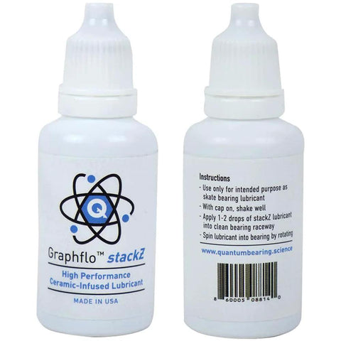 Front and back view of Graphflo Stackz cream lubricant, used with Metallics Series Bearings Pack Of 8 with Stackz Graphflo Cream Made In The USA Pro Grade High Precision Chrome Steel Inner Outer Rings Diamond Polished Raceways And Rolling Elements High Strength Thermoplastic Cage For Durable Performance.