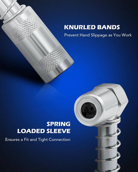 Close-up of knurled bands and spring-loaded sleeve from Grease Gun Accessory Kit, 11 Piece Grease Gun Coupler Set for Hard to Reach Grease Fittings