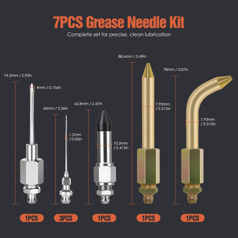 7PCS Grease Needle Kit showing grease needle sizes, grease injector needles, rubber joint fitting, and adapters for bearings and tight spaces.