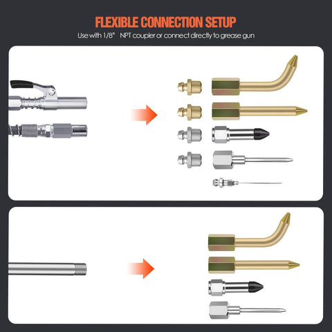 Grease Gun Needle Tip Kit – 7PCS Grease Gun Accessory Set with 3 Grease Injector Needle showing flexible connection setup