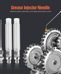 Grease Gun Needle Tip Kit – 7PCS Grease Gun Accessory Set with 3 Grease Injector, gears and lubrication components showing usage.