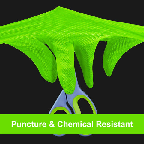 Green Nitrile Latex Free Gloves 8 Mil Heavy Duty Raised Diamond Texture demonstrating puncture resistance with scissors