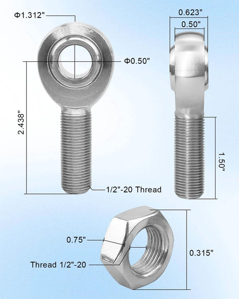 Dimensions of 1/2 Heim Joints Rod End Kit with Left and Right Hand Threads, Chromoly Hard Chrome Plated Panhard Rod Ends included