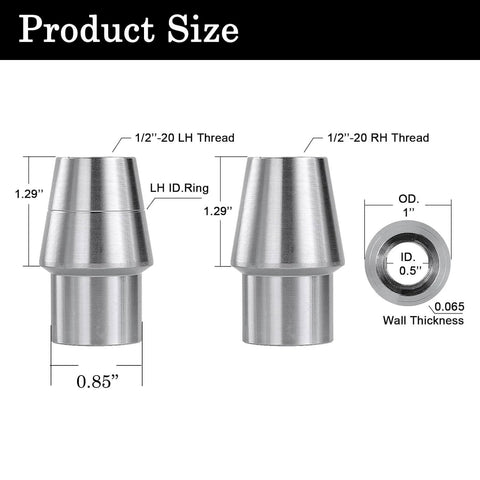 1/2 Heim Joints Rod End Kit with Right and Left Hand Threads, chromoly bungs with dimensions and thread markings for suspension use
