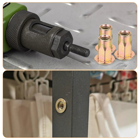 Half Hex Body Flange Rivet Nut Set M6 Carbon Steel Zinc Plated Threaded Insert Nuts displayed with installation tool and in installed position