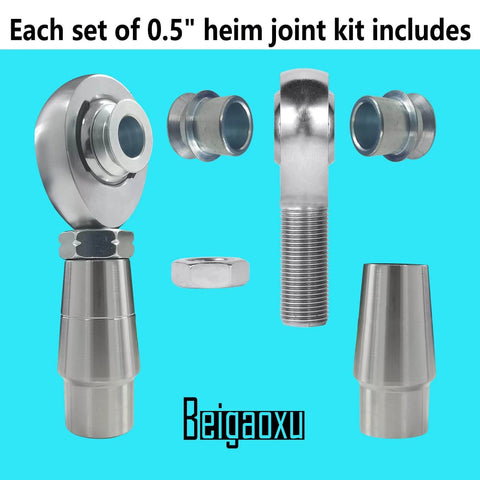 1/2 inch Heim Joint Rod End Kit with chromoly panhard rod ends, spacers, jam nuts, and tube adapters, shown disassembled against blue background.