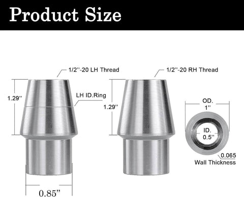1/2 Heim Joints Rod End Kit with Right and Left Hand Threads, showing chromoly bungs and jam nuts dimensions and threading details.
