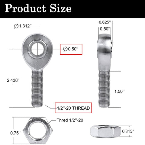 Diagram of 1/2 Heim Joints Rod End Kit with Right and Left Hand Threads dimensions, showing 0.5 inch Chromoly components and threading details.